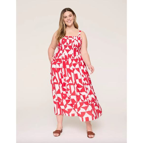 LANE BRYANT Smocked-Bodice Midi Dress Women's 26 Bold Fit & Flare Modern Preppy - Picture 1 of 13